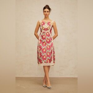 Elegant rose-pink braided floral-embroidered midi dress Size S/M